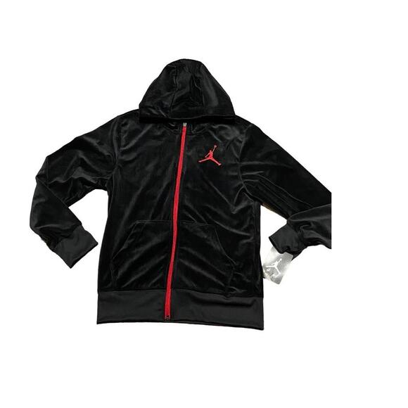 Nike Jumpman‎ Hoodie Jacket Velour Black Red Boys M - Picture 1 of 3